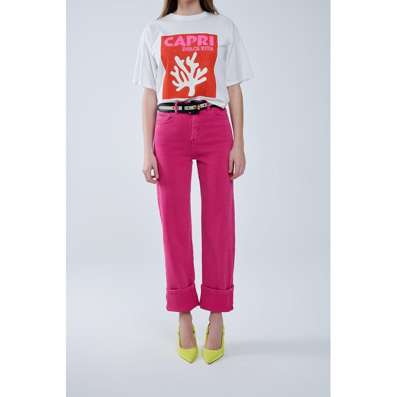 Straight Leg Pants With Cropped Hem In Magenta
