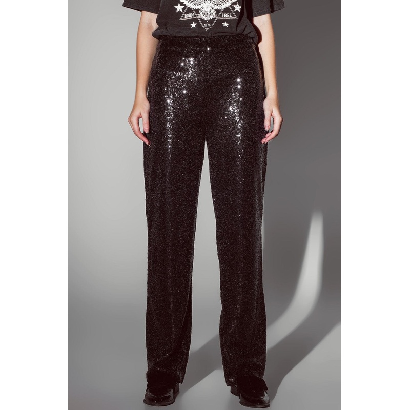 Straight Leg Sequin Pants In Black