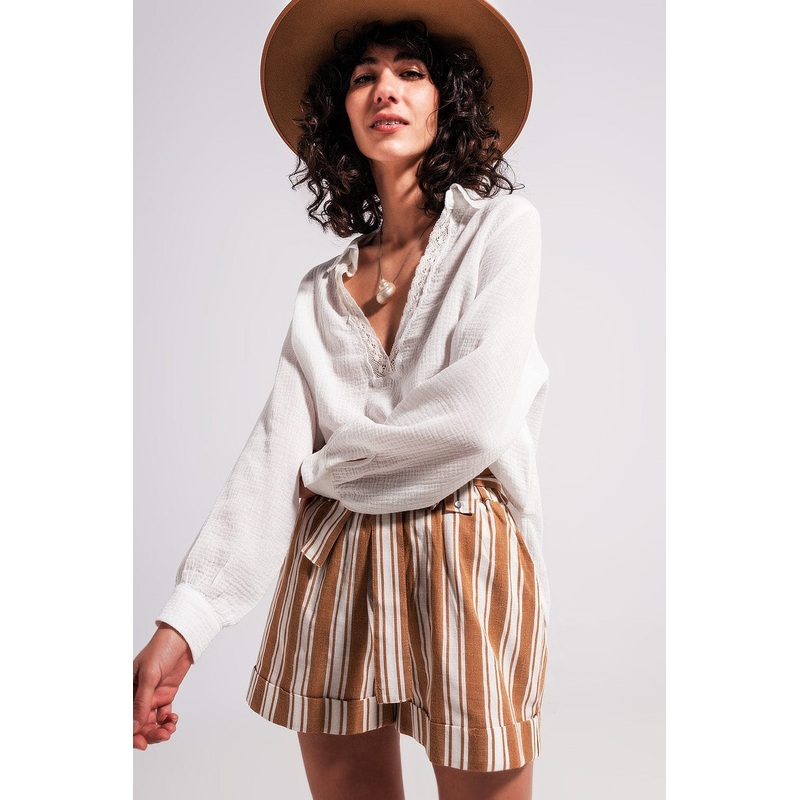 V Neck Blouse With Lace Detail In Cream