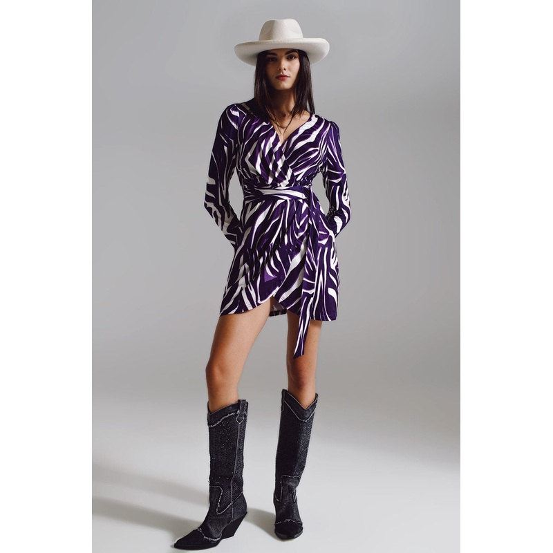 Wrapped Long Sleeve Dress With Belt In Cream And Purple Zebra Print