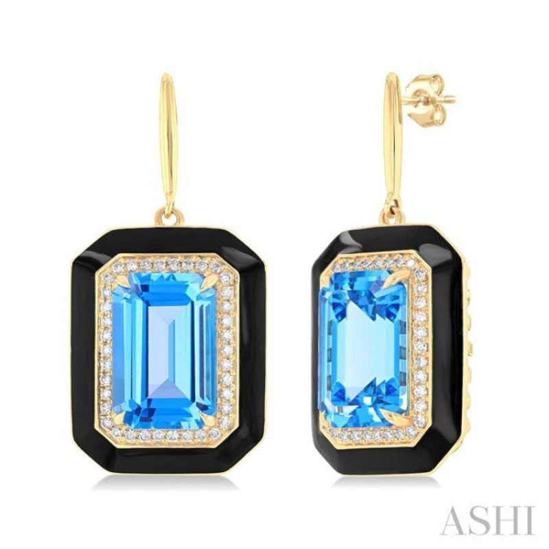 12×8 MM Emerald Cut Blue Topaz and 1/3 ctw Round Cut Diamond Halo & Black Enamel Border Semi Precious Earrings in 14K Yellow Gold