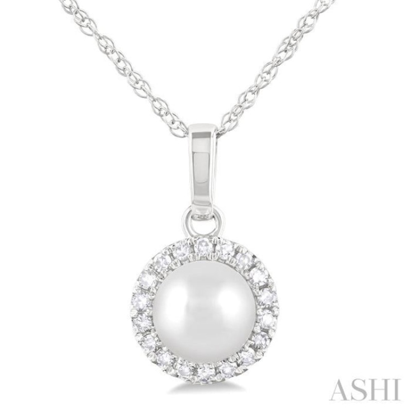 5 MM Cultured White Pearl and 1/20 ctw Single Cut Diamond Halo Pendant With Chain in 10K White Gold