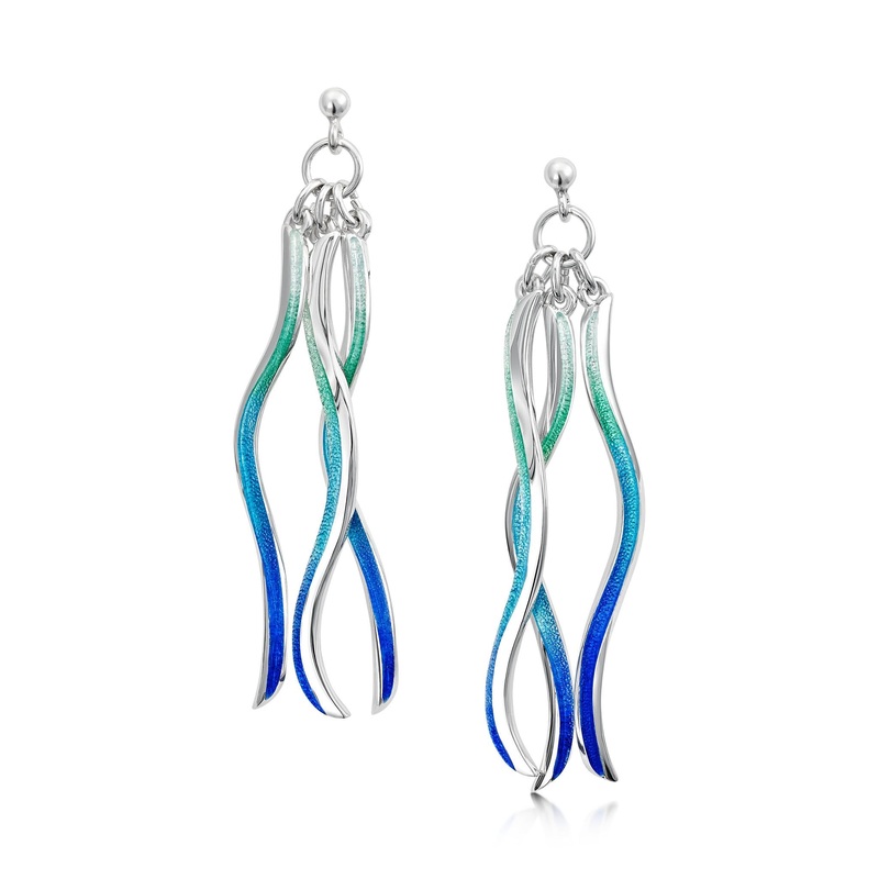 Atlantic Swell 3-frond Long Earrings in Ocean Hue Enamel