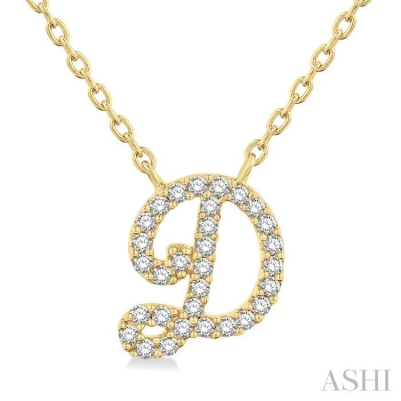 1/10 Ctw Initial ‘D’ Calligraphy Round Cut Diamond Fashion Pendant With Chain in 10K Yellow Gold
