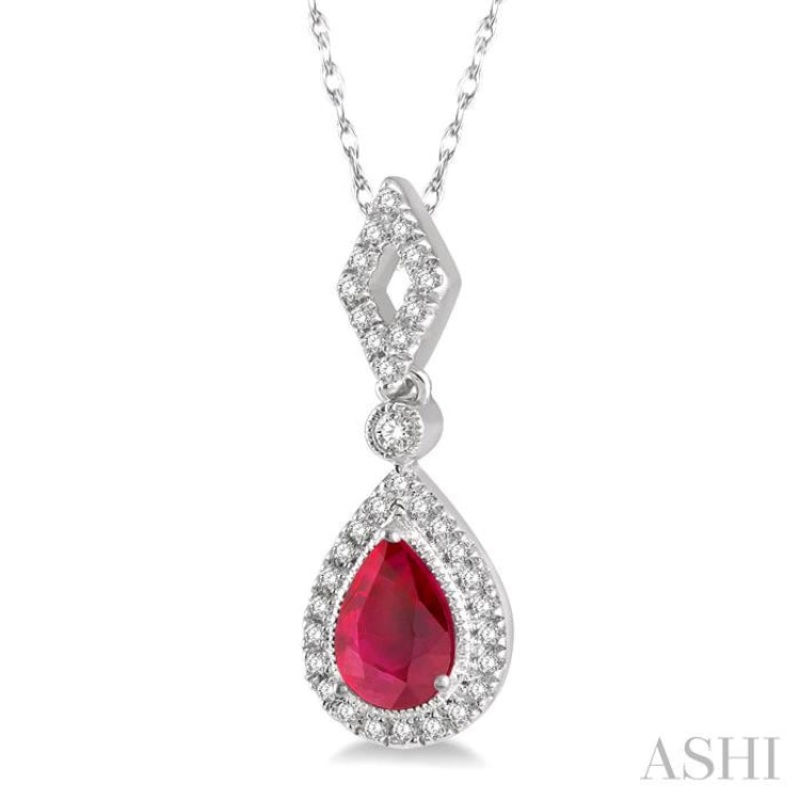 1/6 Ctw Pear Shape 6x4mm Ruby & Round Cut Diamond Precious Pendant With Chain in 10K White Gold