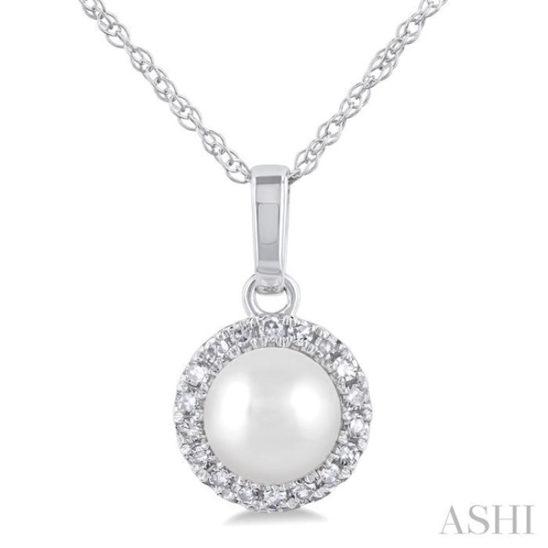 5 MM Cultured White Pearl and 1/20 ctw Single Cut Diamond Halo Pendant With Chain in 14K White Gold