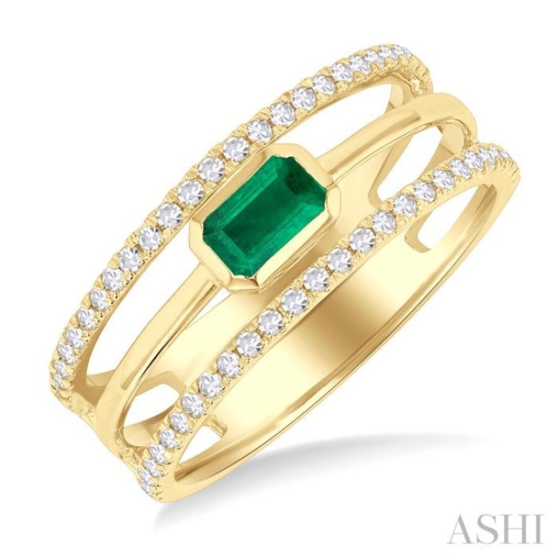 5×3 MM East- West Emerald and 1/4 ctw Single Cut Diamond Triple Split Precious Ring in 10K Yellow Gold