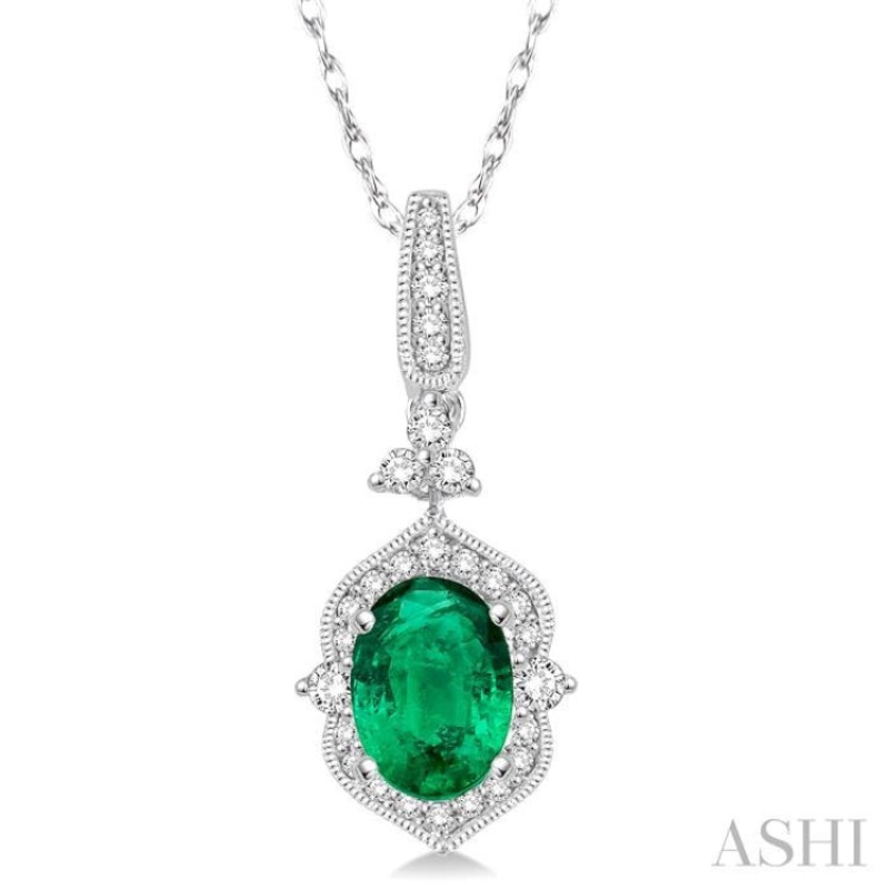 6×4 MM Oval Shape Emerald and 1/5 Ctw Diamond Pendant in 14K White Gold with Chain
