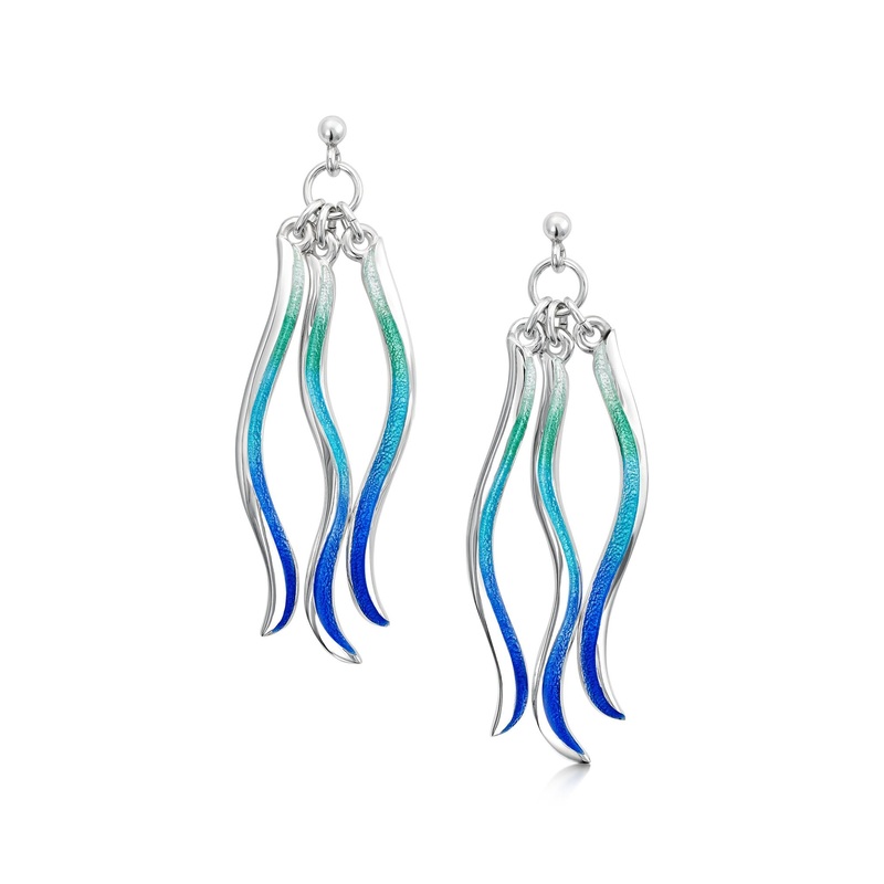 Atlantic Swell 3-frond Earrings in Ocean Hue Enamel
