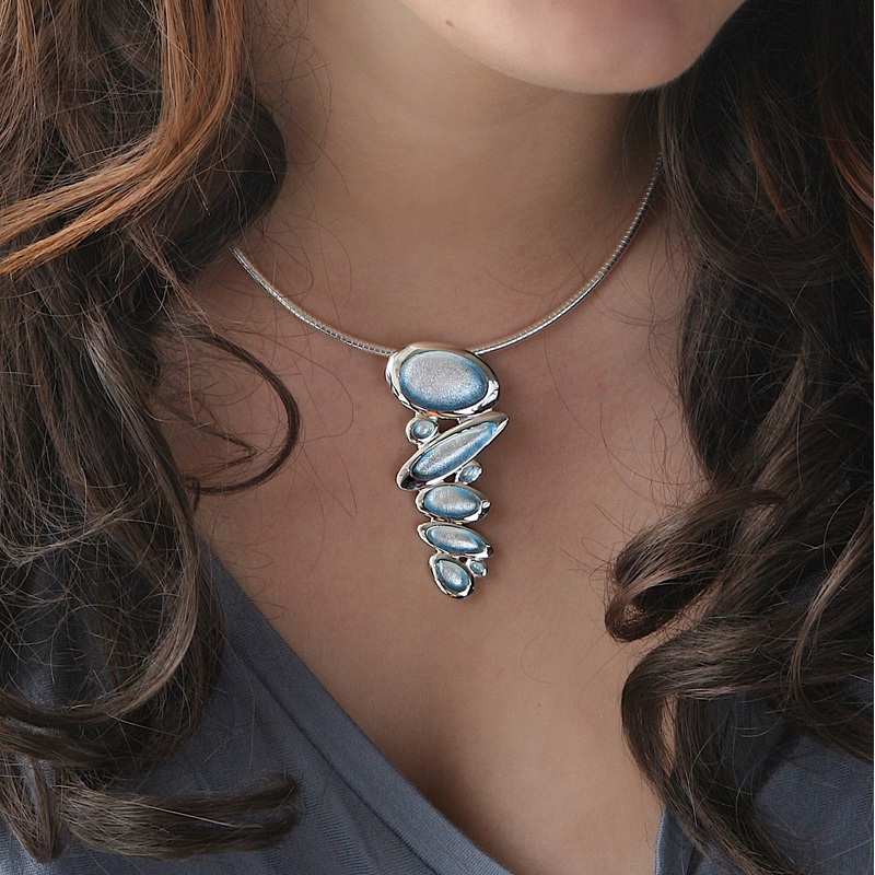 Shoreline Pebble Cluster Statement Necklace in Blue Grey Enamel