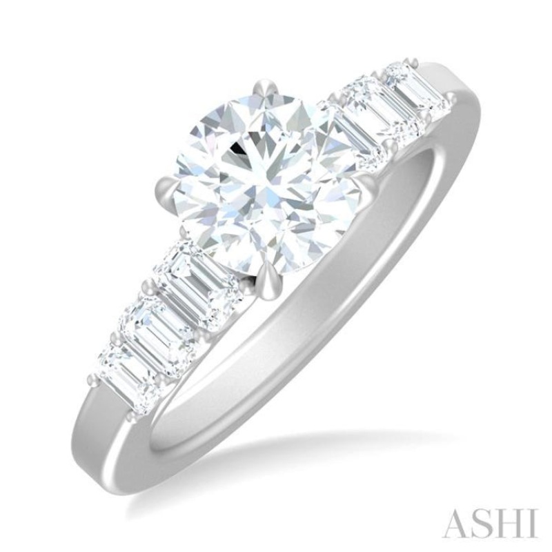 1.00 ctw Round Shape Emerald and Round Cut Diamond Semi Mount Engagement Ring in 14K White Gold