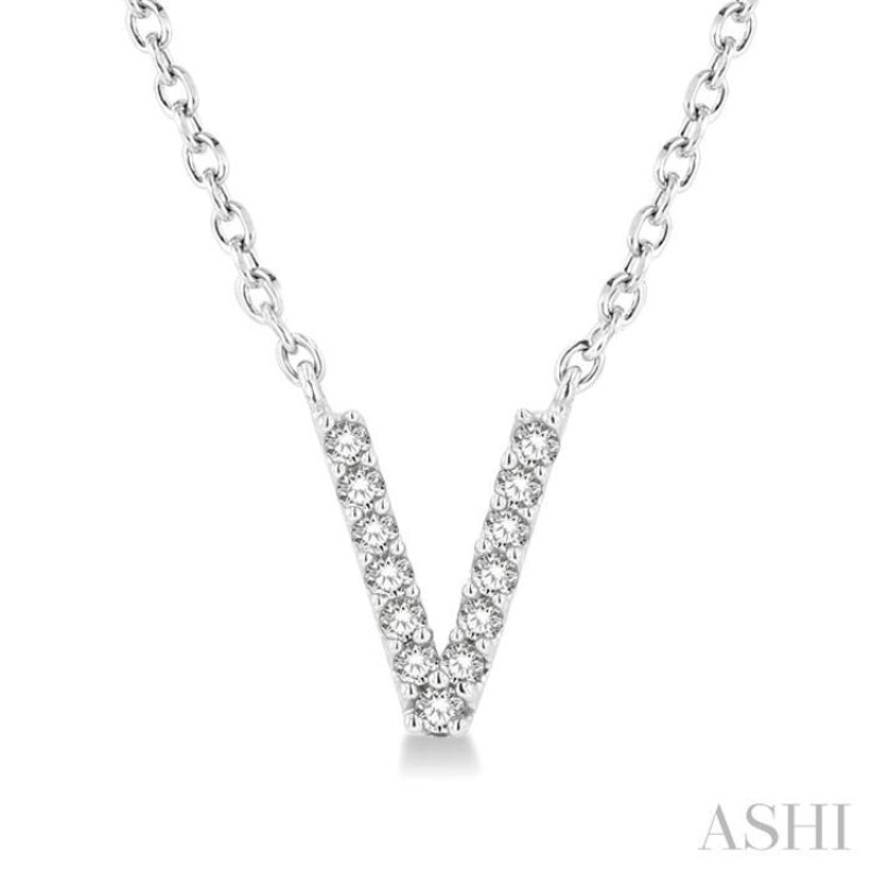 1/20 Ctw Initial ‘V’ Round Cut Diamond Pendant With Chain in 14K White Gold