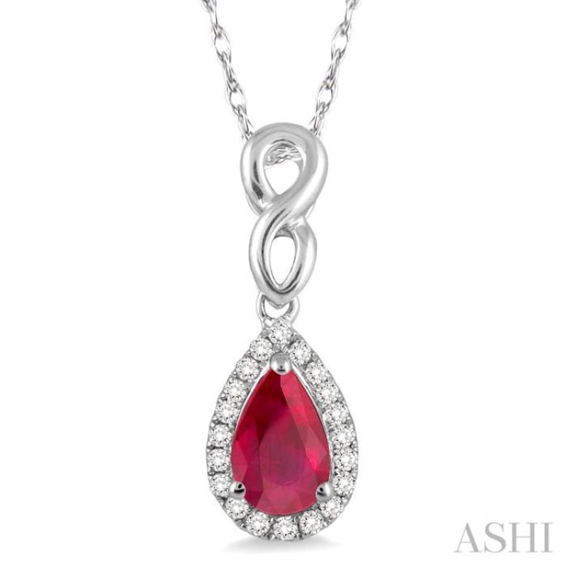 6×4 MM Pear Shape Ruby and 1/10 ctw Round Cut Diamond Pendant in 14K White Gold with Chain