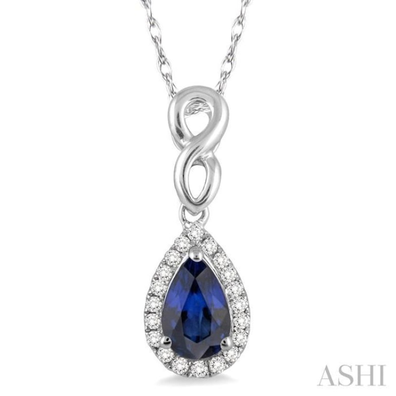 6×4 MM Pear Shape Sapphire and 1/10 ctw Round Cut Diamond Pendant in 14K White Gold with Chain