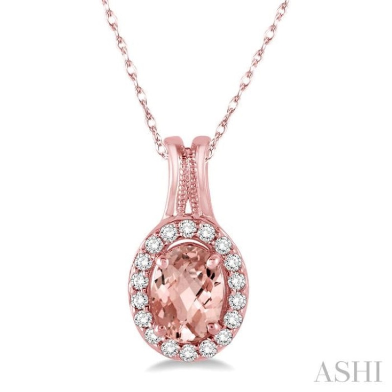 7×5 MM Oval Shape Morganite and 1/6 Ctw Round Cut Diamond Pendant in 14K Rose Gold with Chain