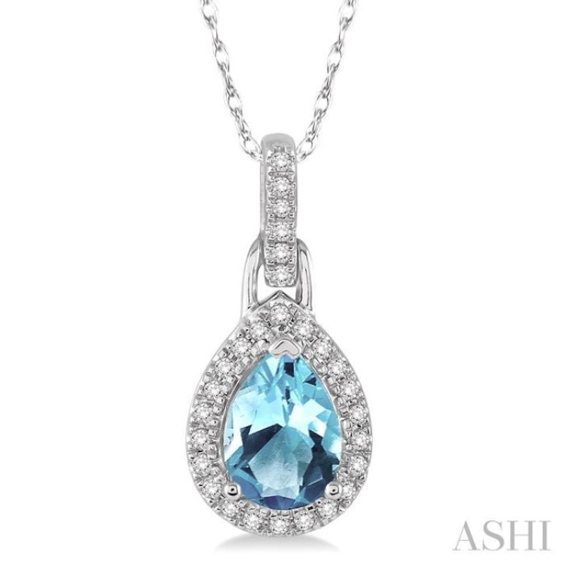 7×5 MM Pear Shape Aquamarine and 1/10 Ctw Round Cut Diamond Pendant in 10K White gold with Chain