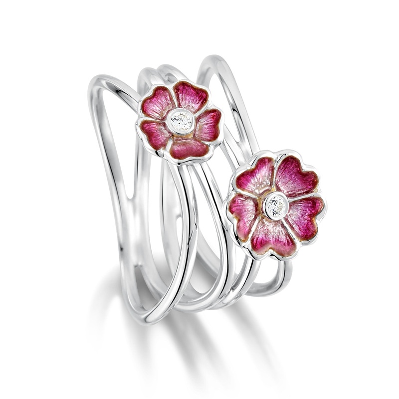 Primula Scotica 2-flower Statement CZ Ring in Hot Pink Enamel
