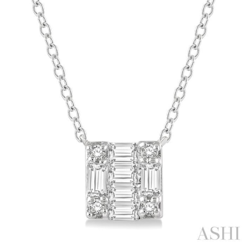1/8 ctw Square Shape Baguette and Round Cut Diamond Petite Fashion Pendant With Chain in 10K White Gold