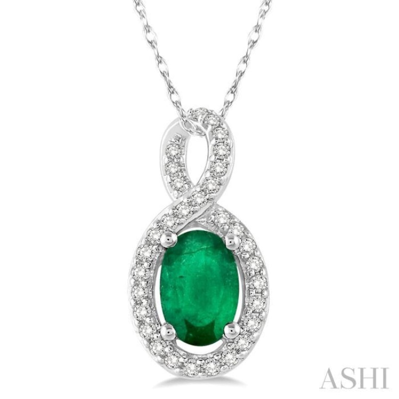 6×4 MM Oval Cut Emerald and 1/10 ctw Round Cut Diamond Pendant in 14K White Gold with Chain