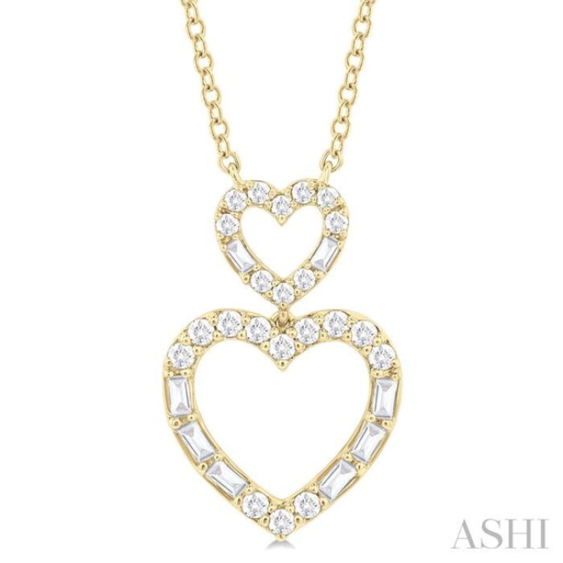1/3 ctw Twin Heart Fusion Baguette and Round Cut Diamond Pendant With Chain in 10K Yellow Gold