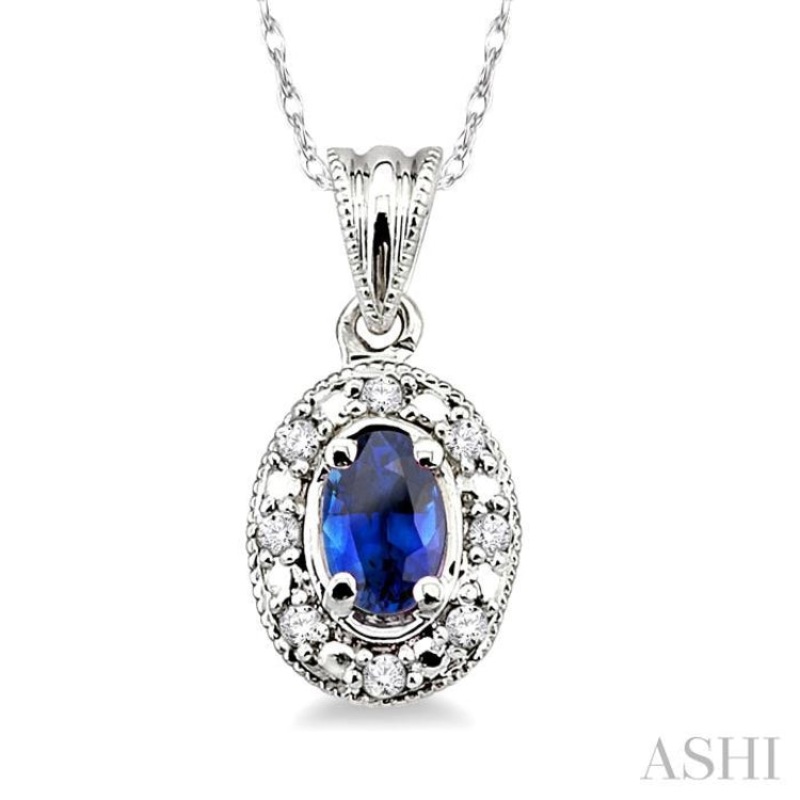 5×3 MM Oval Shape Sapphire and 1/20 ctw Single Cut Diamond Pendant in 10K White Gold with Chain