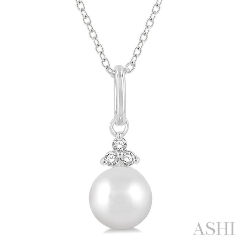 6 MM Round Shape Cultured Pearl and 1/50 ctw Round Cut Diamond Petite Fashion Pendant With Chain in 10K White Gold