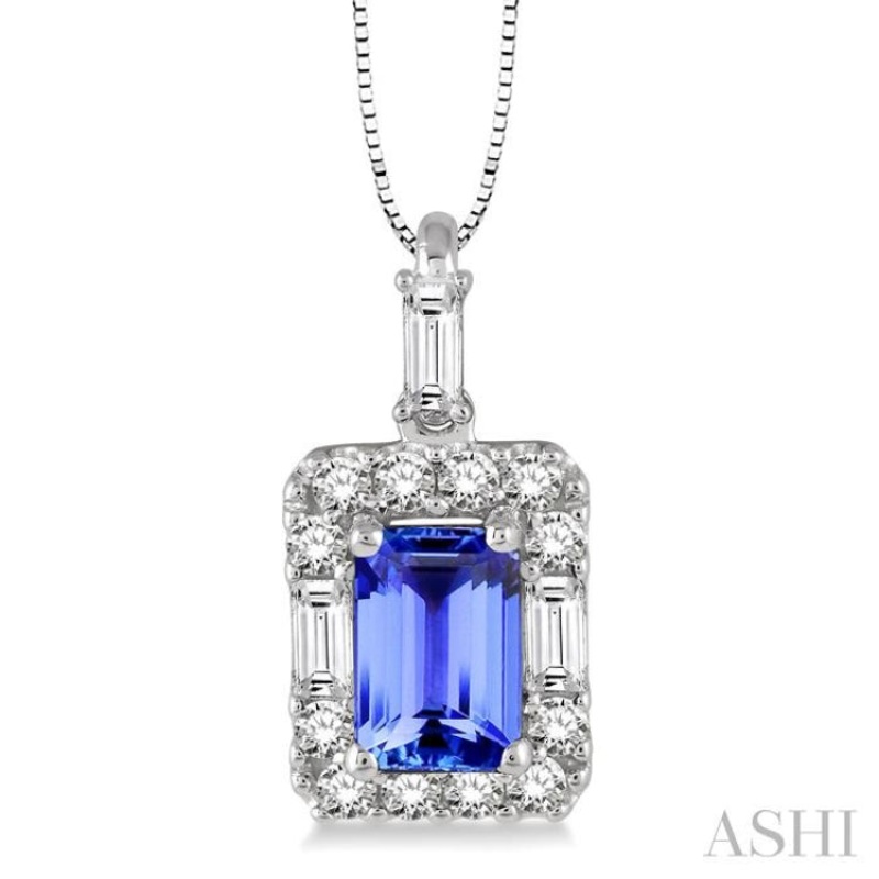 6×4 MM Octagon Cut Tanzanite and 1/3 Ctw Round Cut Diamond Pendant in 14K White Gold with Chain