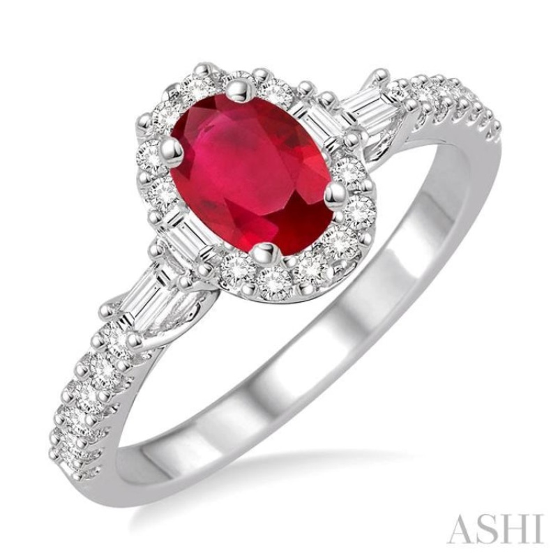 6×4 MM Oval Shape Ruby and 3/8 Ctw Diamond Ring in 14K White Gold