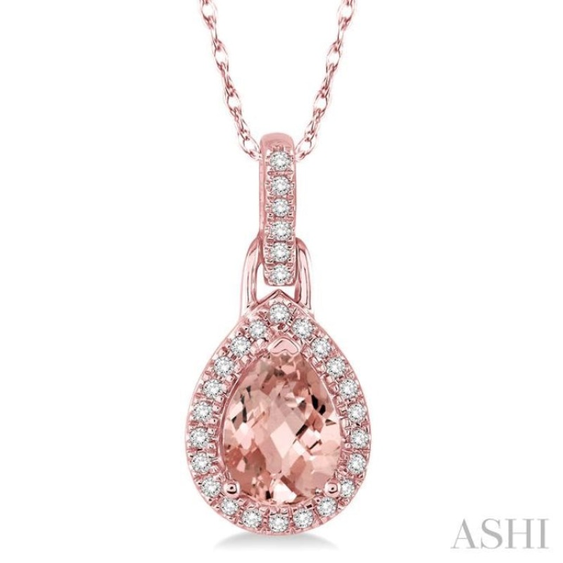 7×5 MM Pear Shape Morganite and 1/10 Ctw Round Cut Diamond Pendant in 10K Rose Gold with Chain