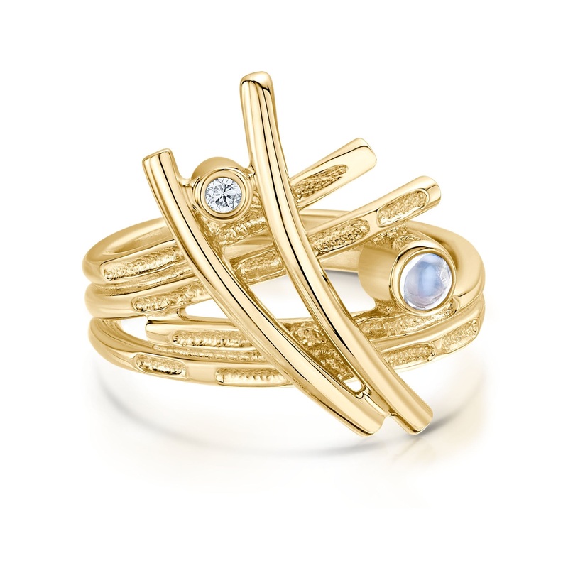 Morning Dew Diamond & Moonstone Ring in 9ct Yellow Gold