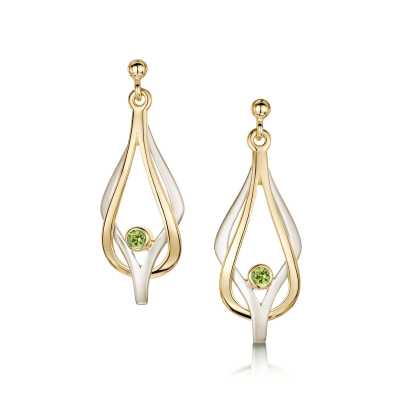 Reef Knot Peridot Drop Earrings in 9ct White & Yellow Gold