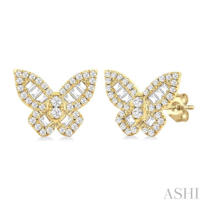1/2 Ctw Butterfly Baguette and Round Cut Diamond Fashion Stud Earring in 14K Yellow Gold