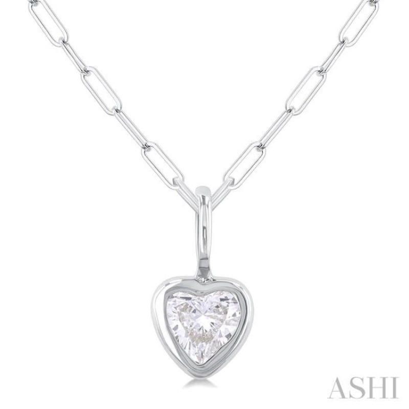 1/5 ctw Heart Shape Bezel Set Diamond Fashion Pendant With Paperclip Chain in 14K White Gold