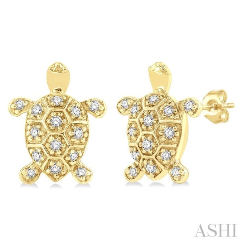 1/6 ctw Petite Turtle Round Cut Diamond Fashion Stud Earring in 10K Yellow Gold