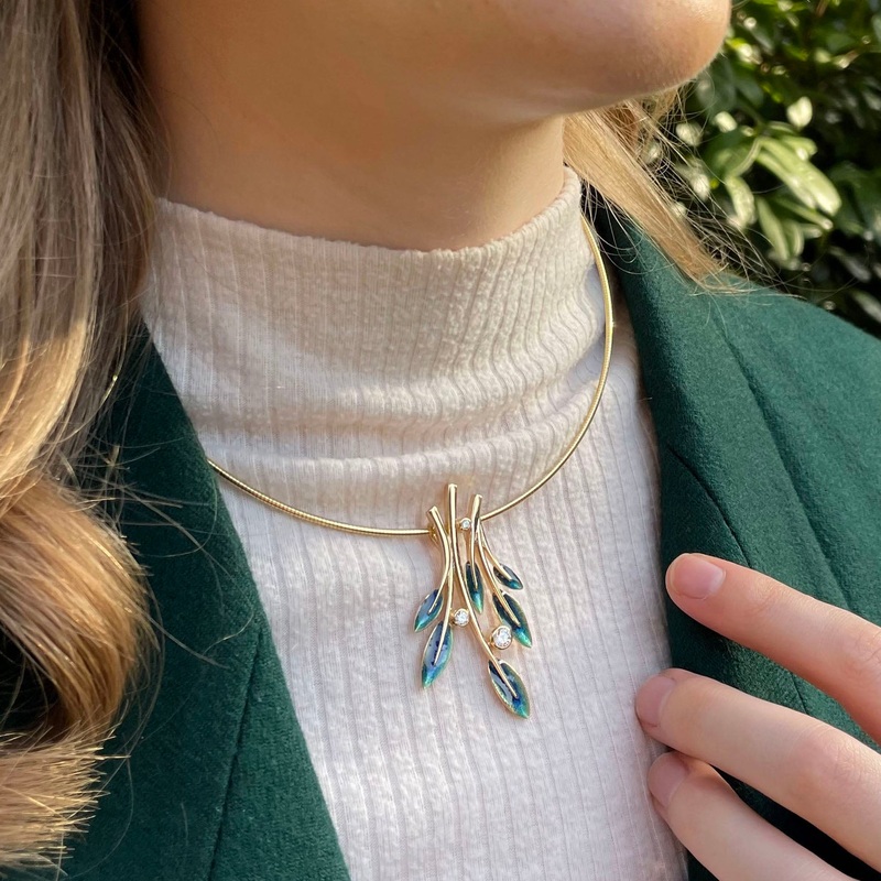 18ct Gold Rowan Diamond Dress Necklace in Evergreen Enamel