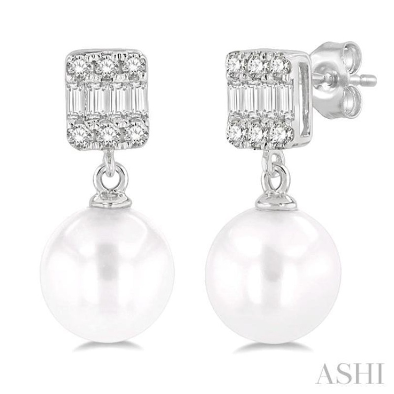 6 MM Cultured Pearls and 1/10 ctw Baguette and Single Cut Diamond Earrings in 10K White Gold