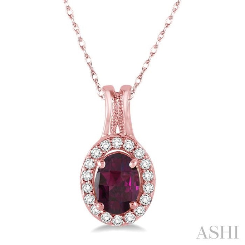 7×5 MM Oval Shape Rhodolite and 1/6 Ctw Round Cut Diamond Pendant in 14K Rose Gold with Chain