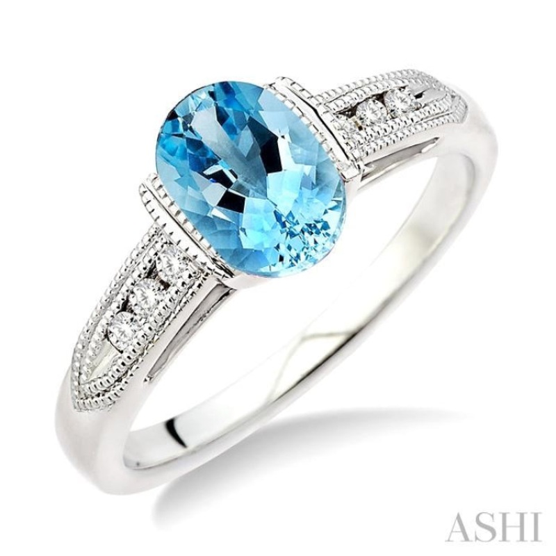 8×6 MM Oval Shape Aquamarine and 1/10 Ctw Diamond Ring in 14K White Gold