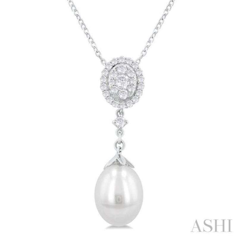 9X7 MM Oval Shape Mount Cultured Pearl Drop and 1/5 ctw Round Cut Diamond Fashion Pendant With Chain in 14K White Gold