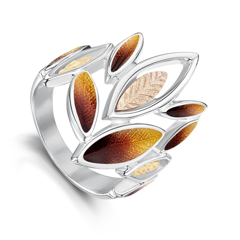 Seasons Gold Leaves Dress Ring in Autumn Enamel