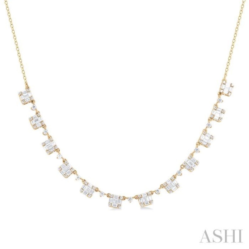 1 1/2 ctw Fusion Baguette and Round Cut Diamond Halfway Necklace in 14K Yellow Gold