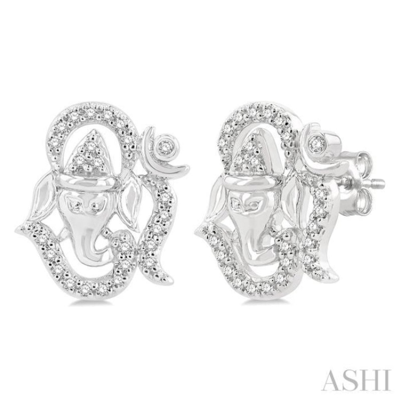 1/6 ctw Petite Ganesha in ‘OM’ Symbol Round Cut Diamond Fashion Stud Earring in 10K White Gold