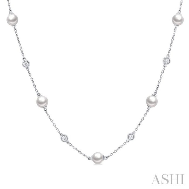 5 MM Round Shape Cultured Pearls and 1/4 ctw Round Cut Diamond Station Necklace in 14K White Gold