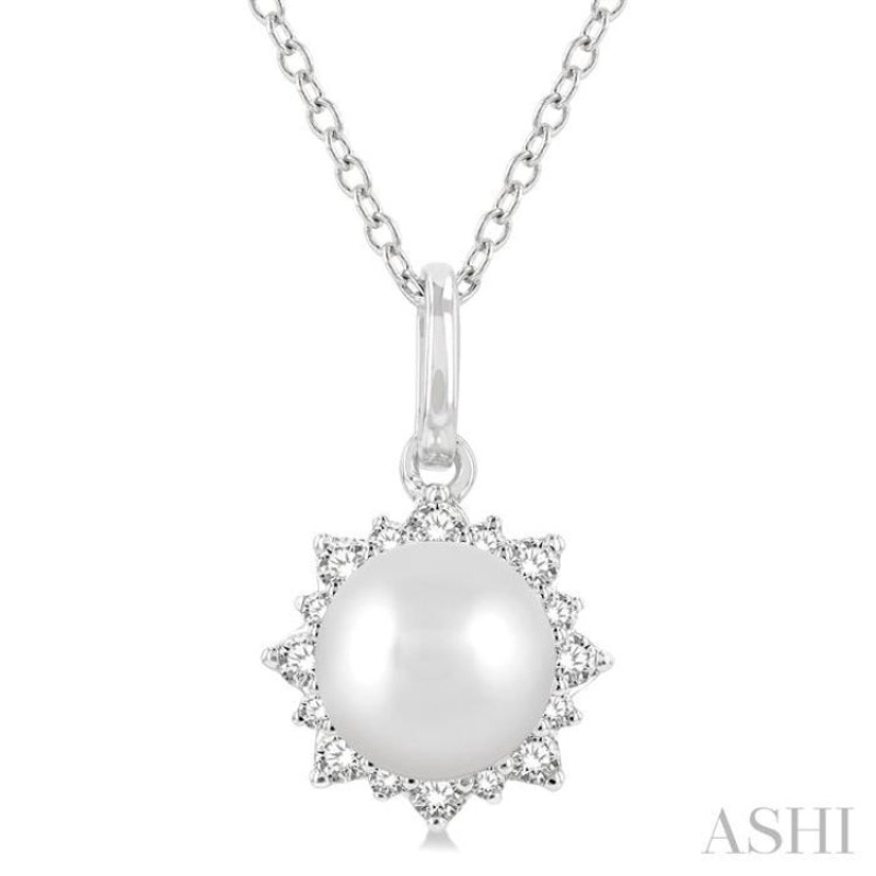 6 MM Round Shape Cultured Pearl and 1/10 ctw Petite Sun Round Cut Diamond Fashion Pendant With Chain in 10K White Gold