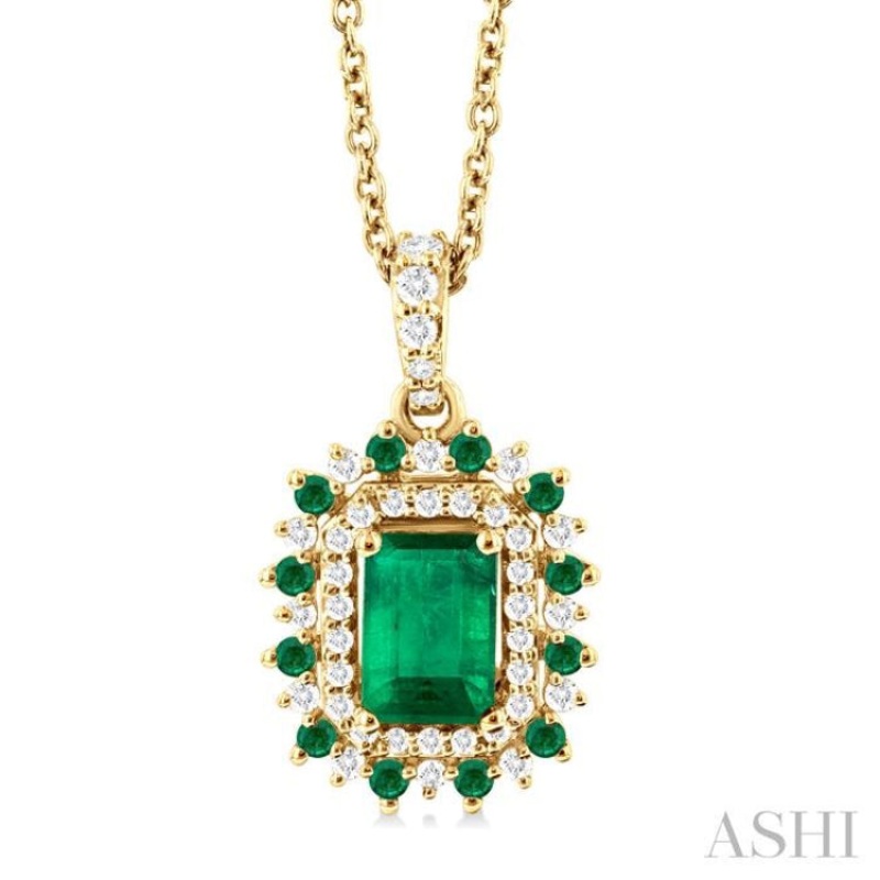6X4 MM Emerald Cut & 1.55 MM Round Cut Emerald and 1/5 ctw Round Cut Diamond Floral Precious Pendant With Chain in 14K Yellow Gold