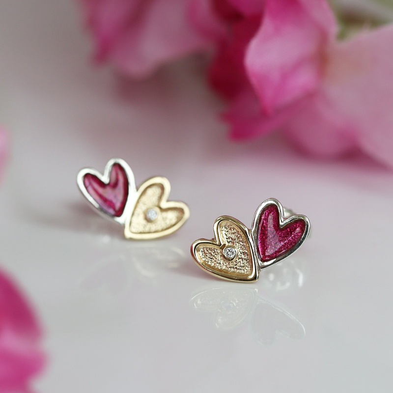 Secret Hearts 2-heart Diamond Stud Earrings with 9ct Yellow Gold & Hot Pink Enamel