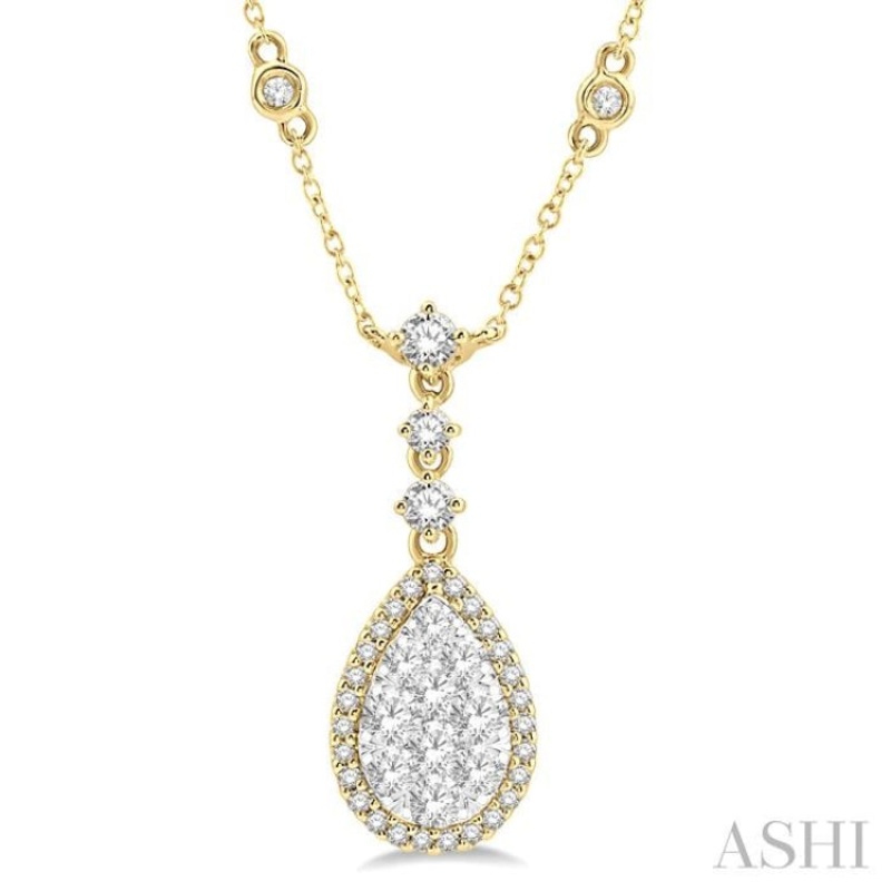 1.00 ctw Round Cut Lovebright Diamond Pear Shape Necklace in 14K Yellow and White Gold