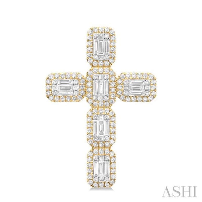 1 1/2 ctw Cross Fusion Baguette and Round Cut Diamond Fashion Pendant in 14K Yellow and White Gold