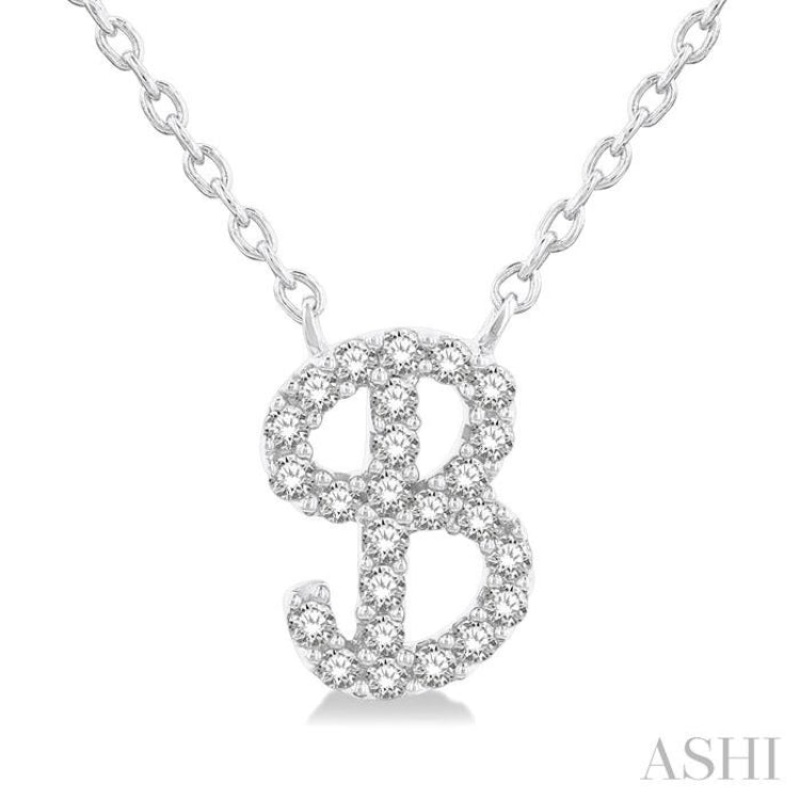 1/10 Ctw Initial ‘B’ Calligraphy Round Cut Diamond Fashion Pendant With Chain in 10K White Gold