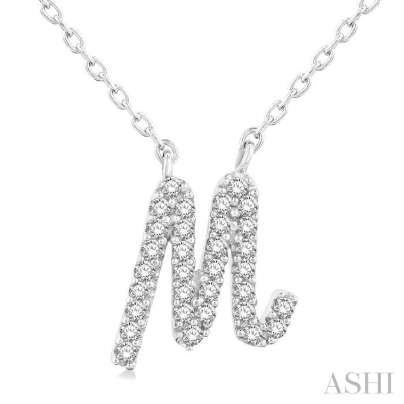 1/10 Ctw Initial ‘M’ Calligraphy Round Cut Diamond Fashion Pendant With Chain in 14K White Gold